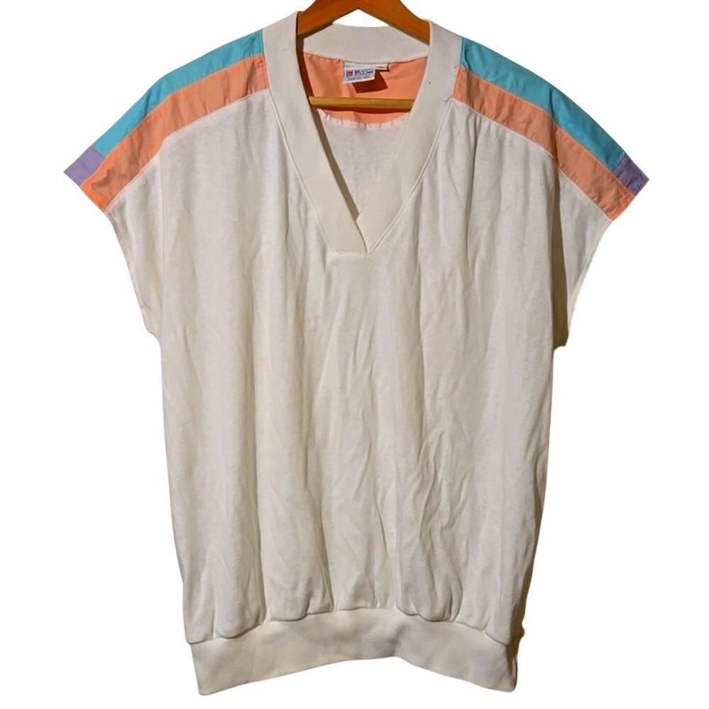 NWT Bay Club XL White/Orange/Blue Color-Block Shoulder V-Neck Tee [0091]